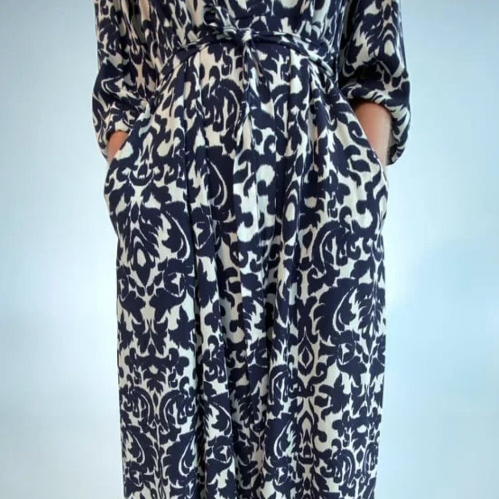 Zara Navy and White Long Sleeve Printed Midi Dress - Picture 4 of 7